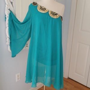 Bisou bisou teal one sleeve dress